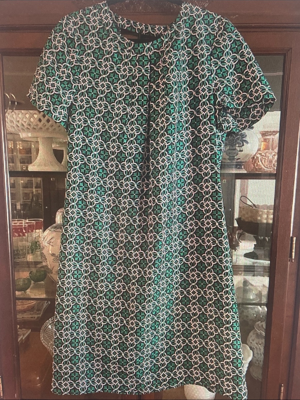 J. Crew Green and White Floral Lattice Mini Shift Dress